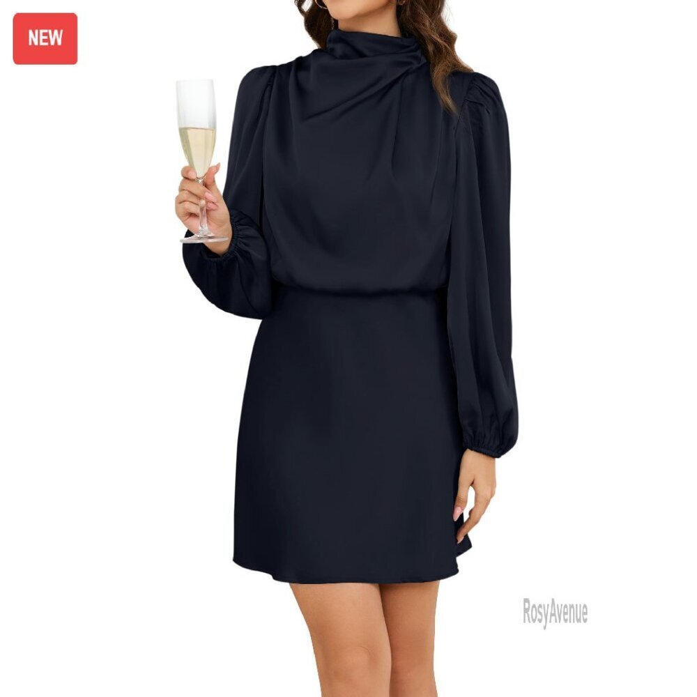 Long Sleeve Satin Mini Dress Mock Neck Formal Wedding Guest Cocktail